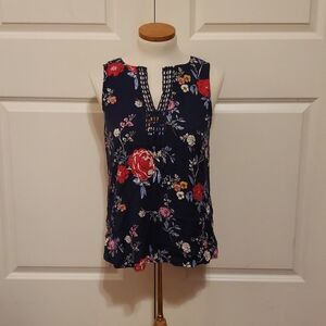 Market & Spruce‎ Womens Small Navy Blue Floral Crochet Split Neck Sleeveless Top